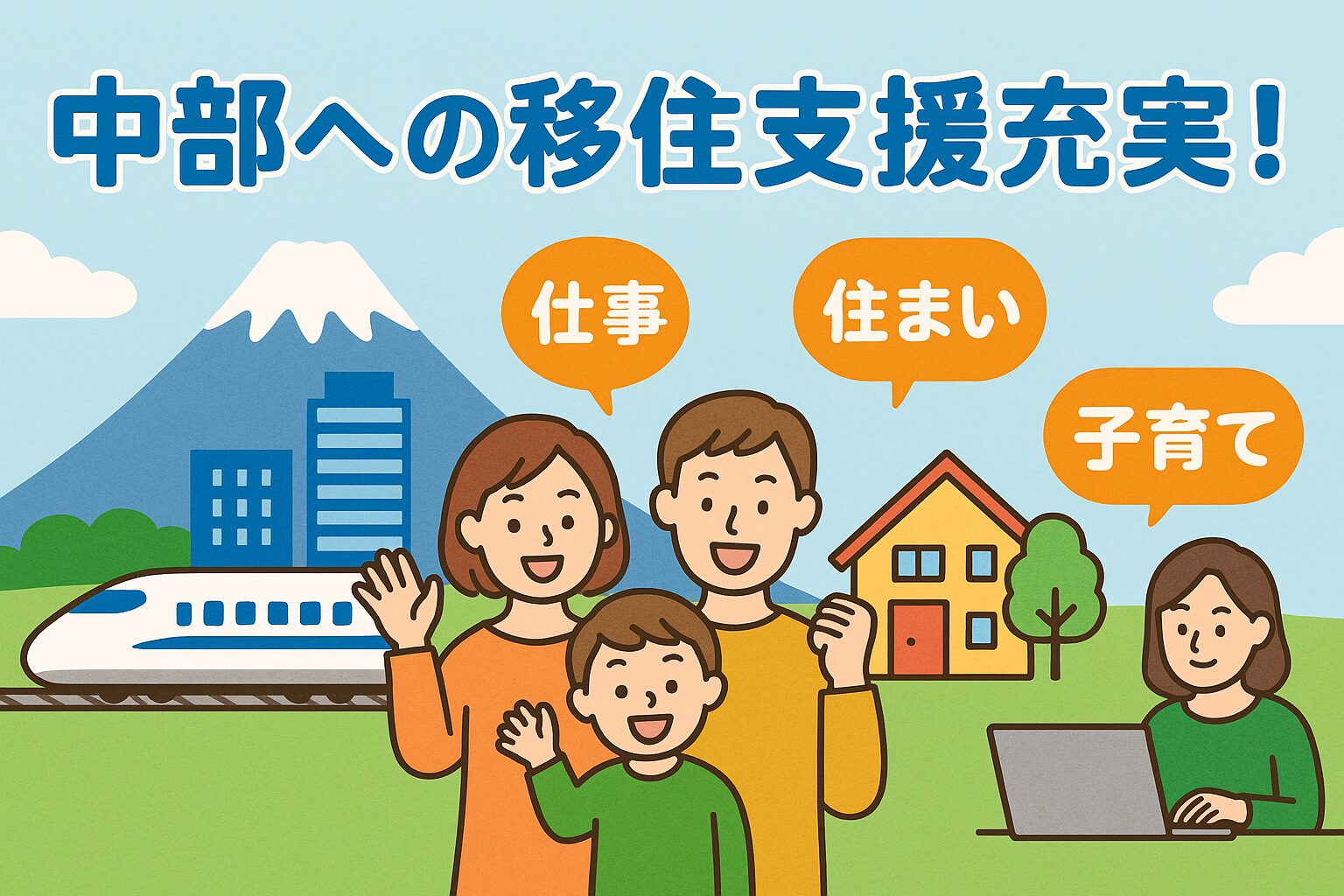 中部地方9県の移住支援制度まとめ｜住宅補助・子育て・仕事・起業支援のイメージイラスト