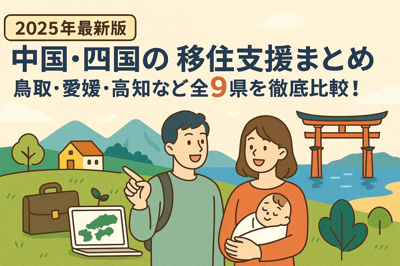 「中国・四国地方の雄大な山々や穏やかな瀬戸内海、田舎と都市が調和する風景を描いたフラットデザインのイラスト｜移住支援制度を紹介する記事のためのアイキャッチ画像」