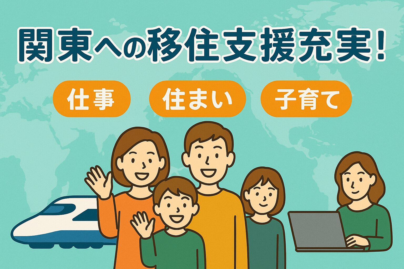 「関東への移住支援充実！」の文字とともに、笑顔の家族やノートパソコンを操作する女性、新幹線、そして「仕事」「住まい」「子育て」と書かれた吹き出しが描かれたイラスト。背景には世界地図風のグラフィックが広がり、全国・世界からの移住を歓迎するイメージ。