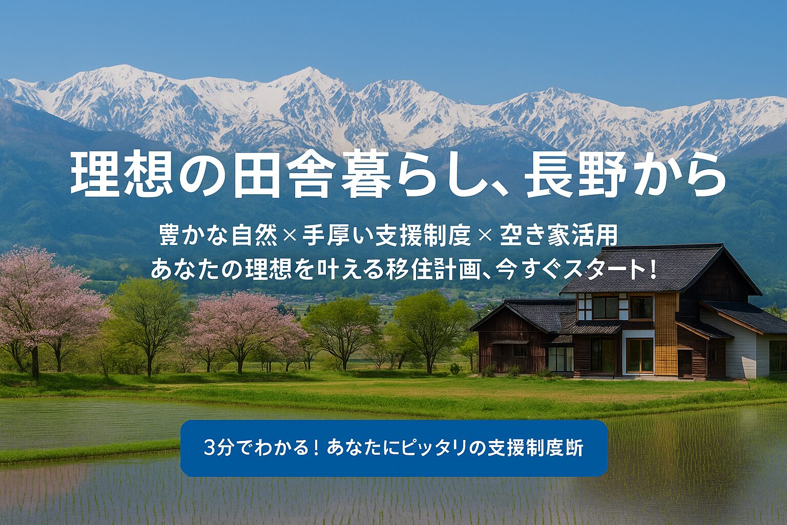 北アルプスの雪山と安曇野の田園風景に囲まれた古民家。桜が咲き誇る春の田舎風景を背景に、長野県の移住支援制度を案内するメッセージが重なる。