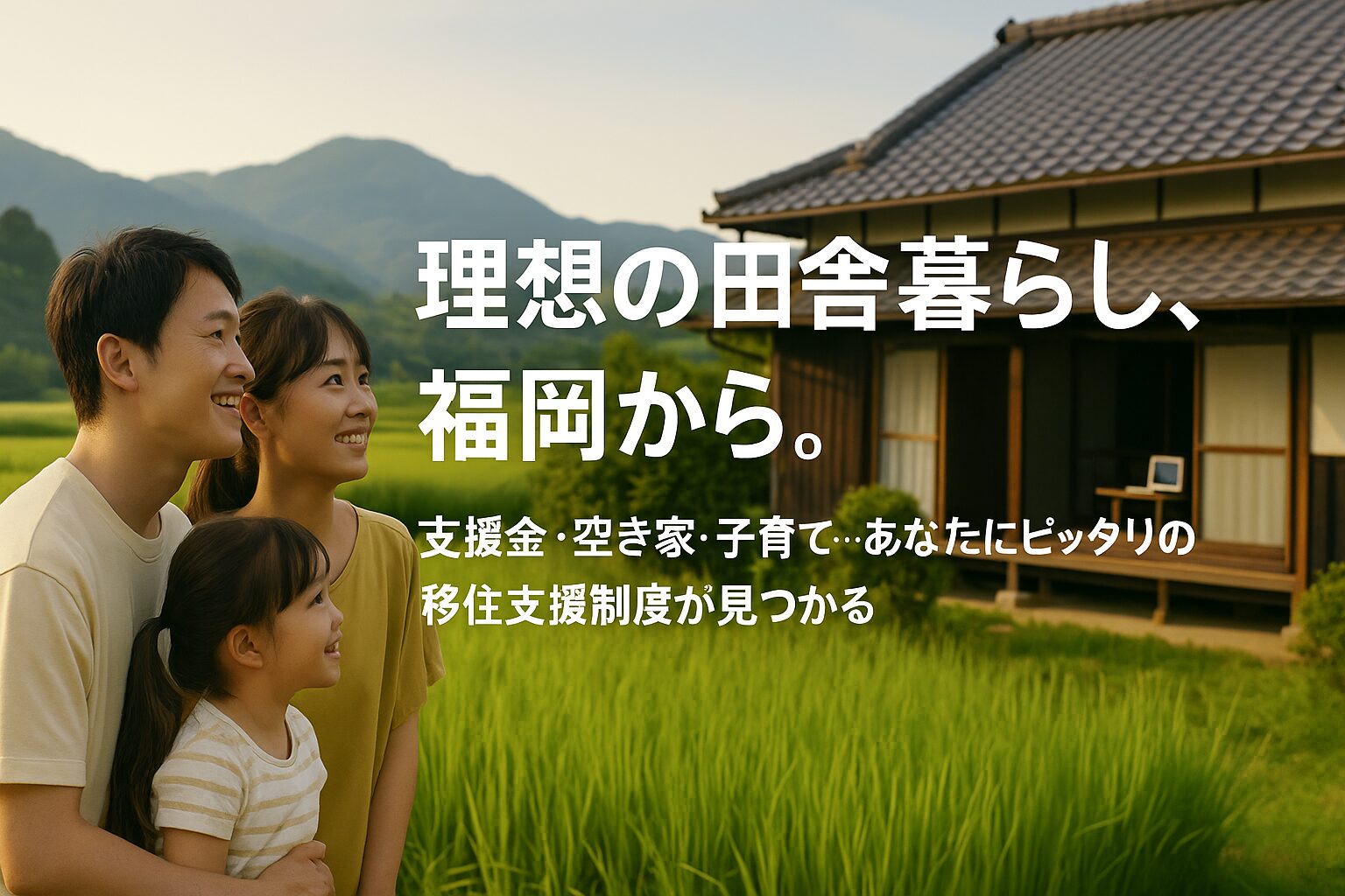 「福岡県の自然豊かな田舎で、古民家を見学する若い夫婦と子ども。前景には緑の田んぼ、背景には遠くの山々が広がり、縁側ではノートパソコンを開いてテレワークする様子も見える。」