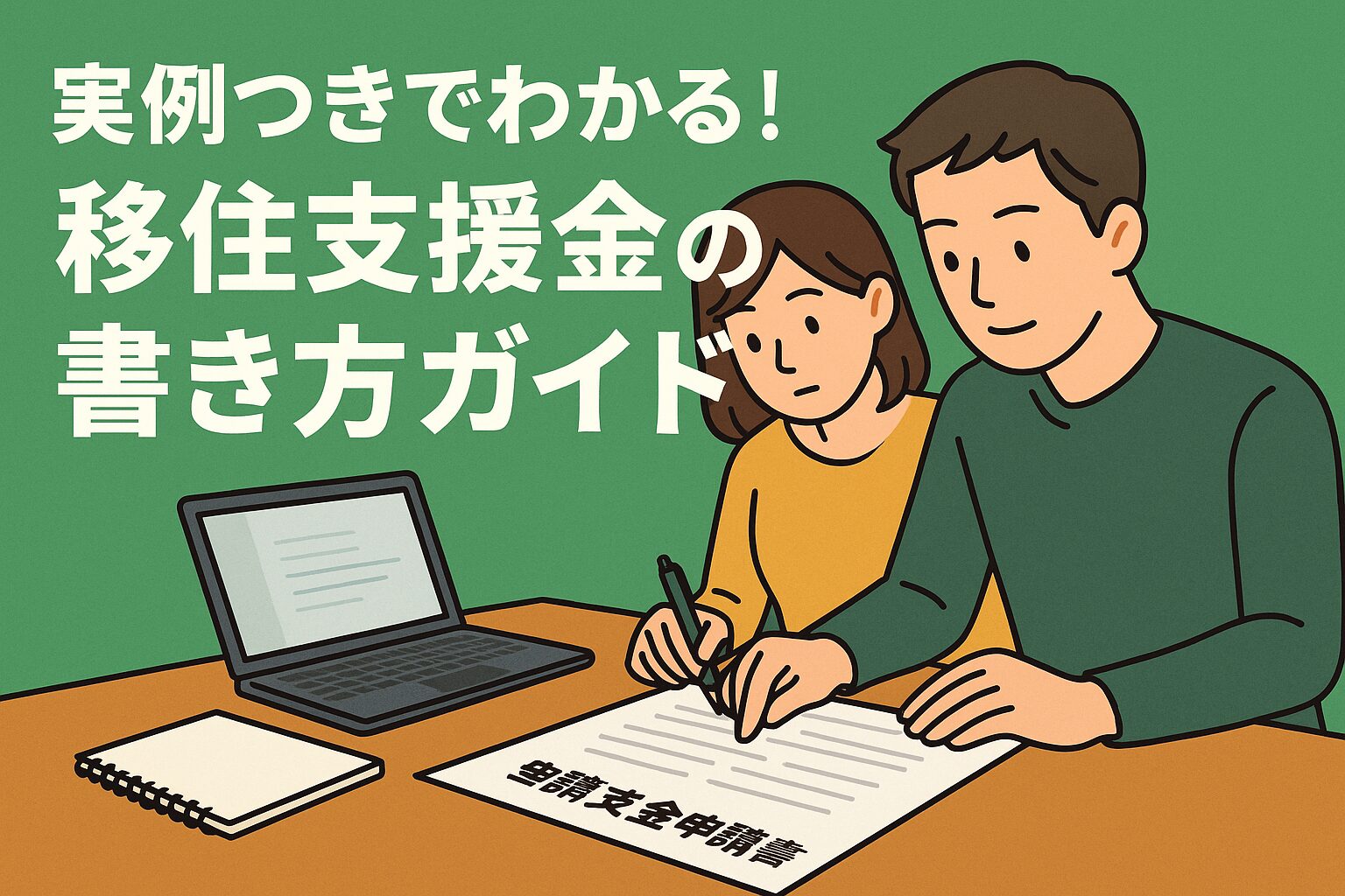 移住支援金の申請書を書いている男女のイラスト。ノートパソコンと申請書類が机に並び、真剣に記入している様子。