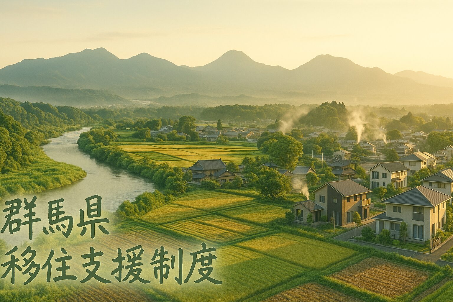 群馬県の自然と暮らしを象徴する風景。赤城山・榛名山・妙義山の稜線、利根川の清流、里山の家並みと農地、温泉地の湯けむり、モダンな住宅街とテレワーク施設が調和し、穏やかな朝日に照らされた移住先の理想風景。
