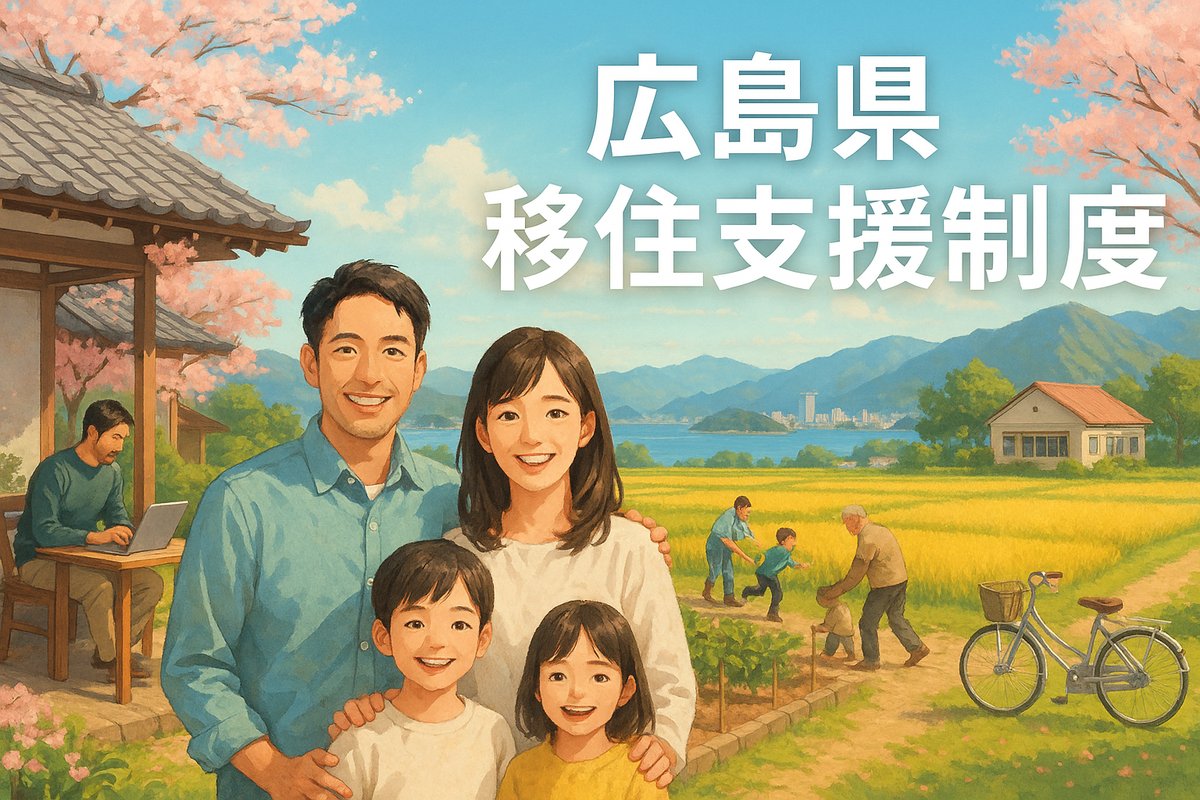 広島県の美しい田園風景と古民家を背景に、笑顔の家族と地域の人々が交流する様子。テレワークや家庭菜園も描かれ、移住生活の魅力を伝える構図。