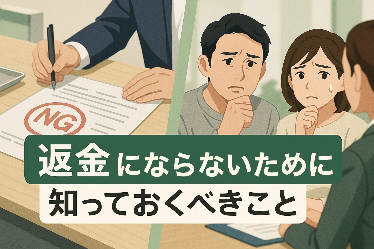 返金リスクに備える移住支援制度の記事を象徴する画像。中央に「返金にならないために知っておくべきこと」の文字、不安そうな男女と審査書類が背景に配置された構図。