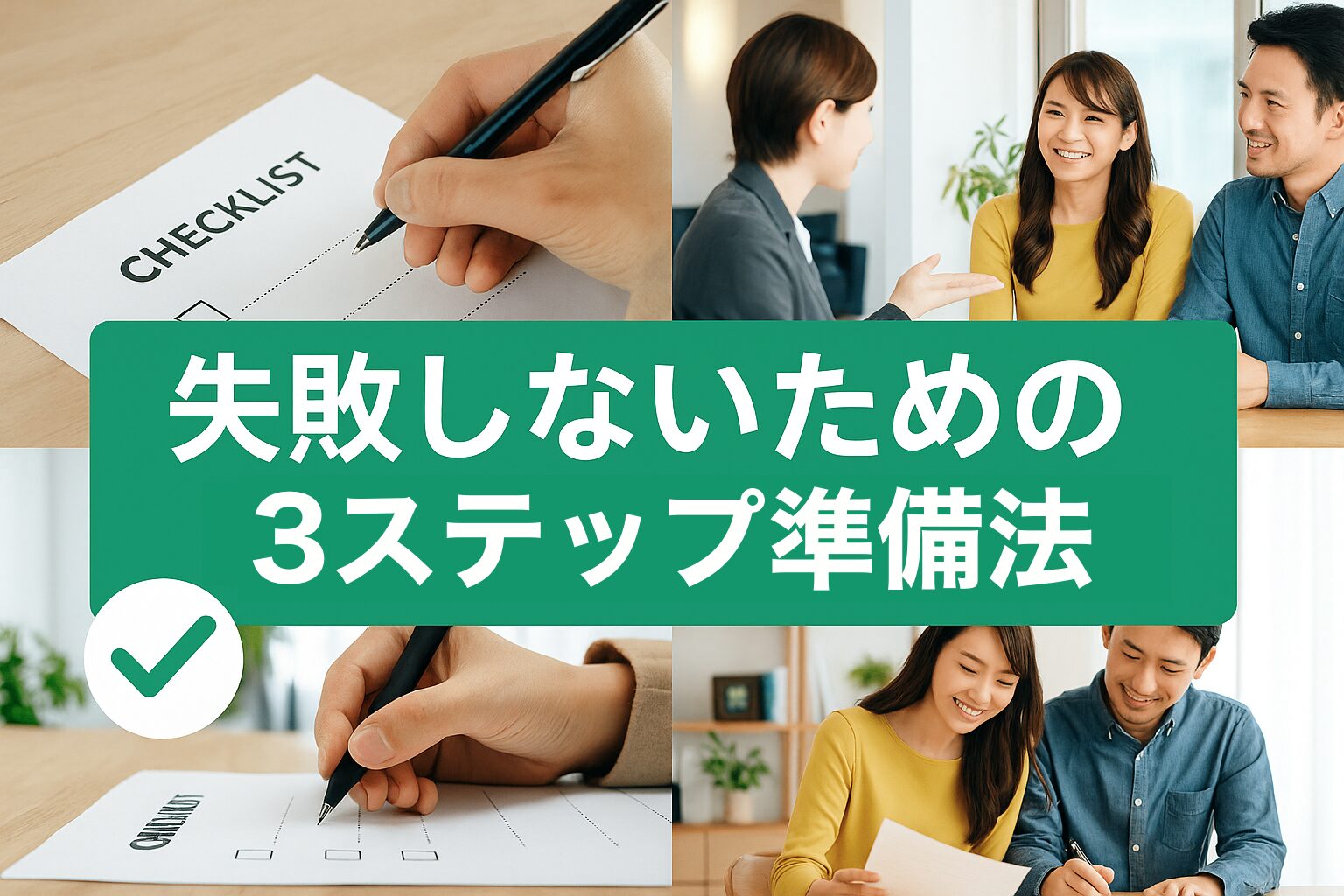 移住支援制度の申請準備をテーマにしたアイキャッチ画像。中央に「失敗しないための3ステップ準備法」の文字、チェックリストと相談する男女のイラストが背景に配置された構図。