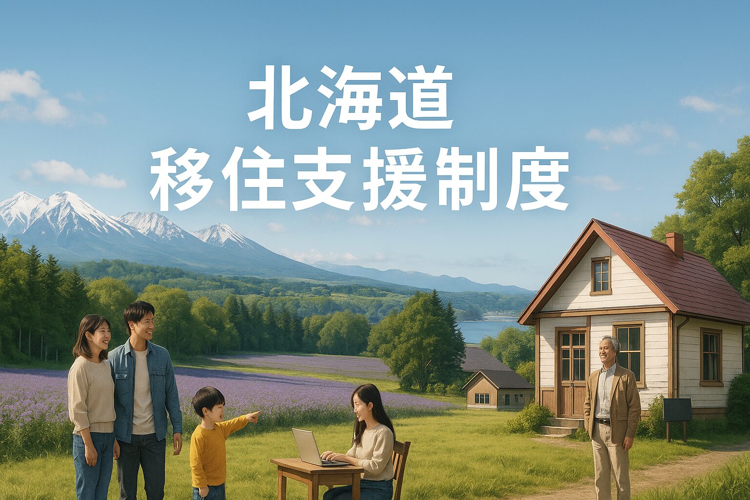 「北海道の自然に囲まれた移住者家族が笑顔で暮らす様子。背景には大雪山や森林、田園風景が広がり、地域移住支援制度の安心感と豊かな暮らしを象徴する。」