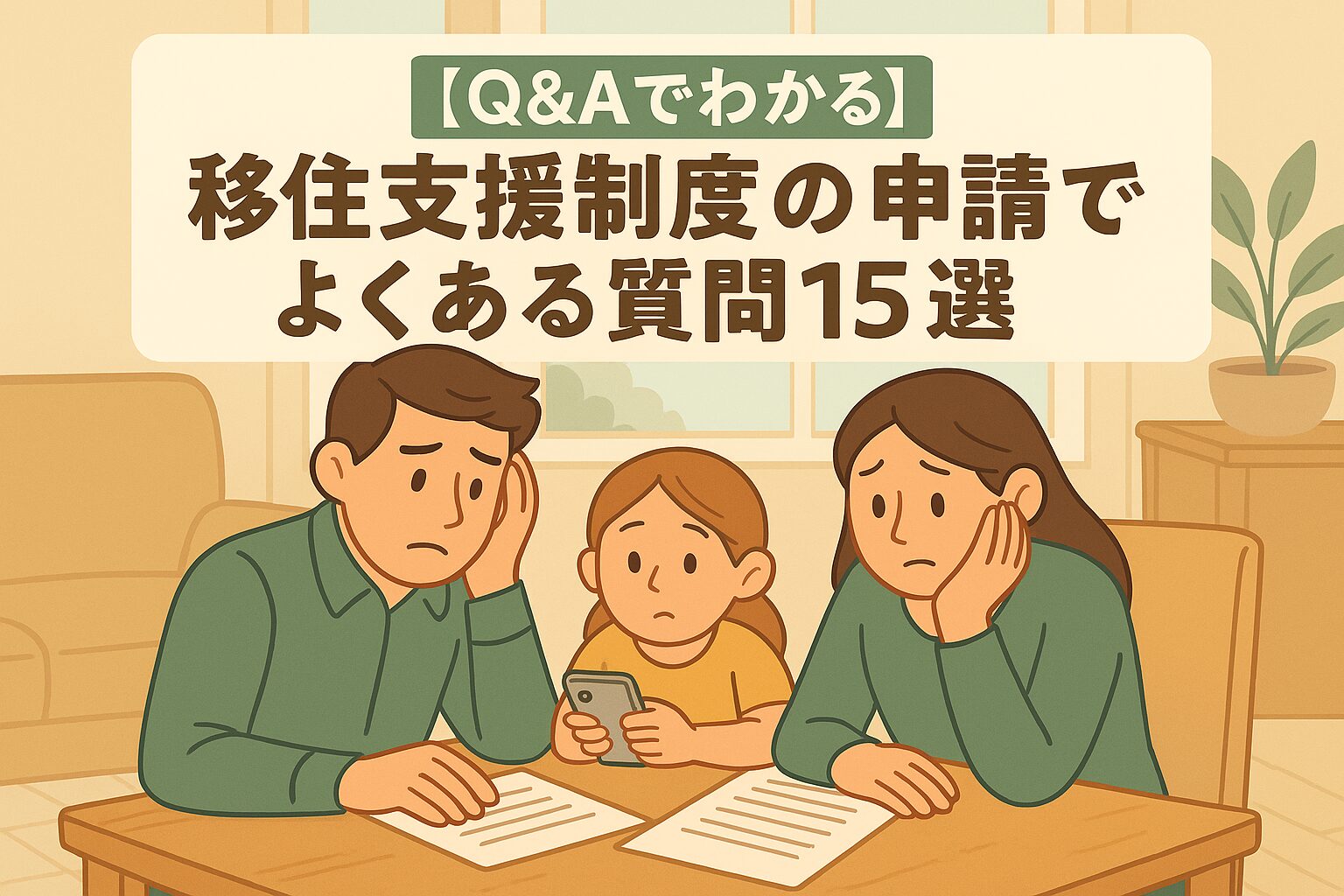 移住支援制度の申請について真剣に話し合う若い家族のイラスト。書類とスマートフォンを見ながら不安そうに相談する様子。