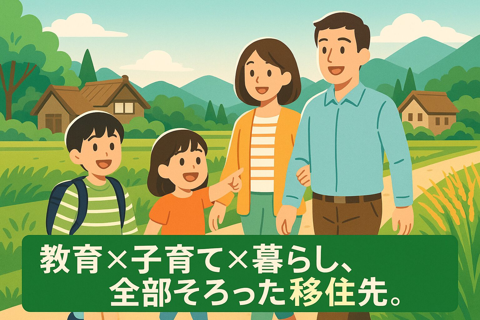 自然に囲まれた田舎道を歩く日本人の家族4人のイラスト。子どもがランドセルを背負い、親子で笑顔を交わす姿が描かれており、「教育×子育て×暮らし、全部そろった移住先」というキャッチコピーが添えられている。