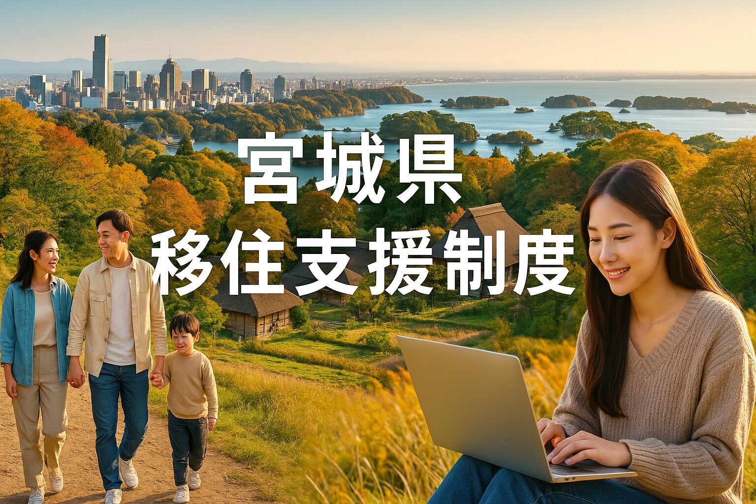 宮城県の自然と都市が調和した風景の中で、ノートパソコンで仕事をする若い女性と、その近くで微笑む子育て世帯の家族。背景には松島湾や仙台市の街並みが広がる。