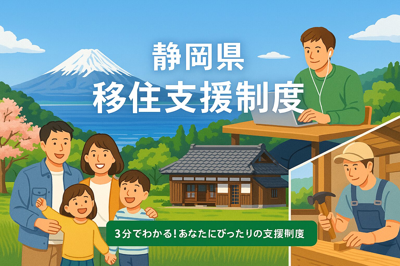 静岡県で理想の田舎暮らしを始める家族のイメージ。古民家、富士山、駿河湾を背景に、テレワークやリフォームの様子も描かれた移住支援制度のPR用ビジュアル。