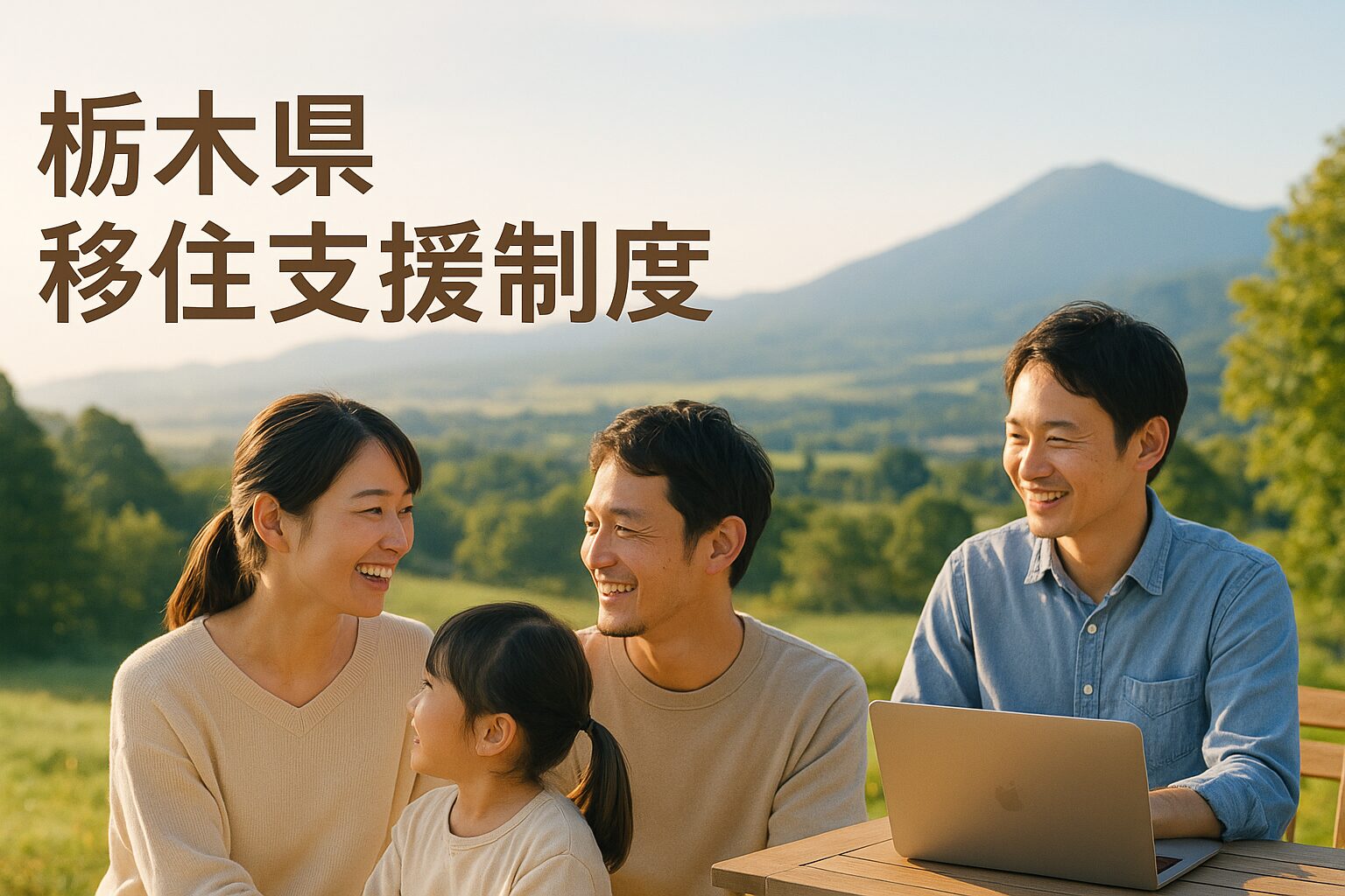栃木県の山々を背景に、那須高原の自然に囲まれた場所で笑顔の若い家族が団らんする様子。やわらかな朝の光が差し込み、前景には子どもと寄り添う夫婦、またはテレワークをする若い男性が配置されている。全体は明るいナチュラルカラー