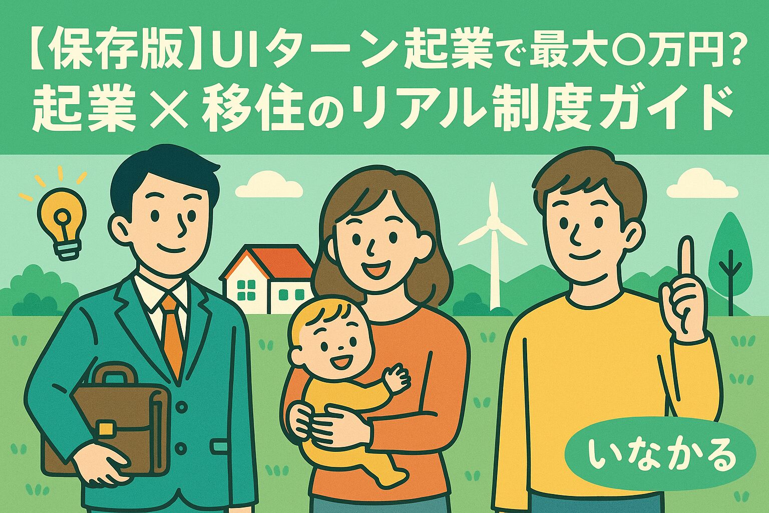 地方移住と起業を象徴するビジネスマンと家族のイラスト。風力発電や自然豊かな田園風景が背景。