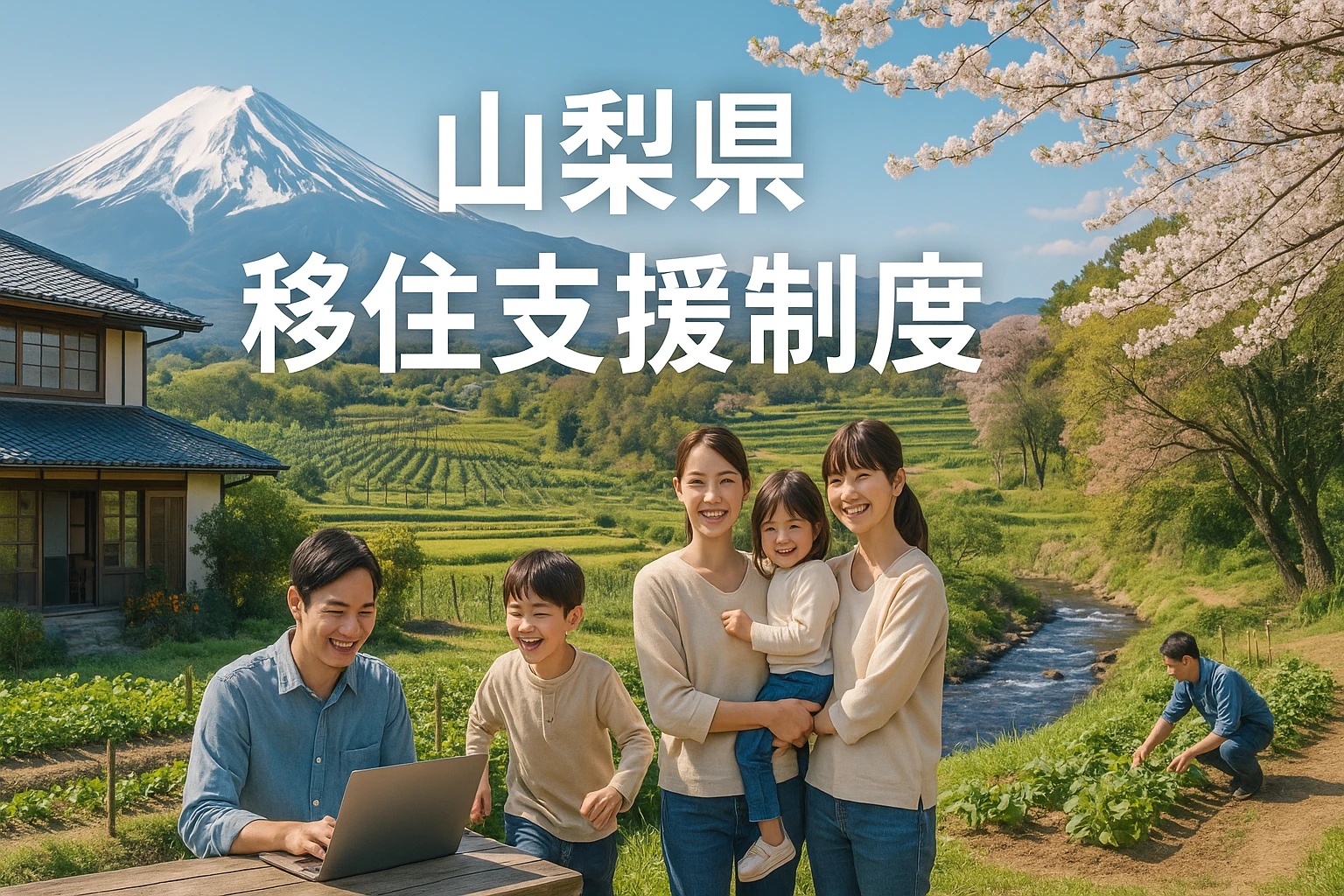 山梨県の自然に囲まれた田舎暮らしを楽しむ若い家族。富士山を背景に、古民家の前で子どもたちが遊び、親はテレワークや家庭菜園に励む様子。